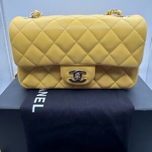 Authentic Chanel Single Flap Shoulder Bag in Yellow Lambskin with Silver
